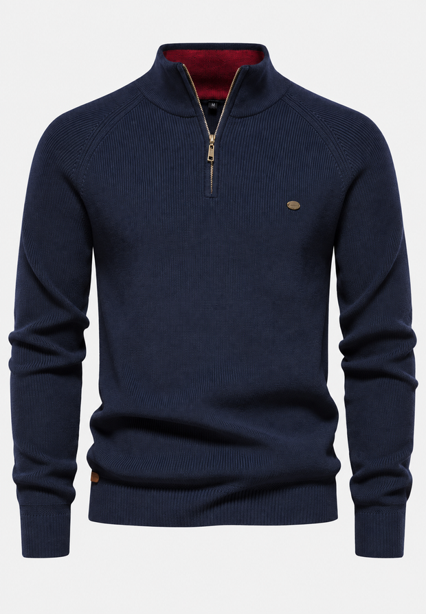 Herrenpullover mit halbem Reißverschluss, Stehkragen und Raglanärmeln – Aurel