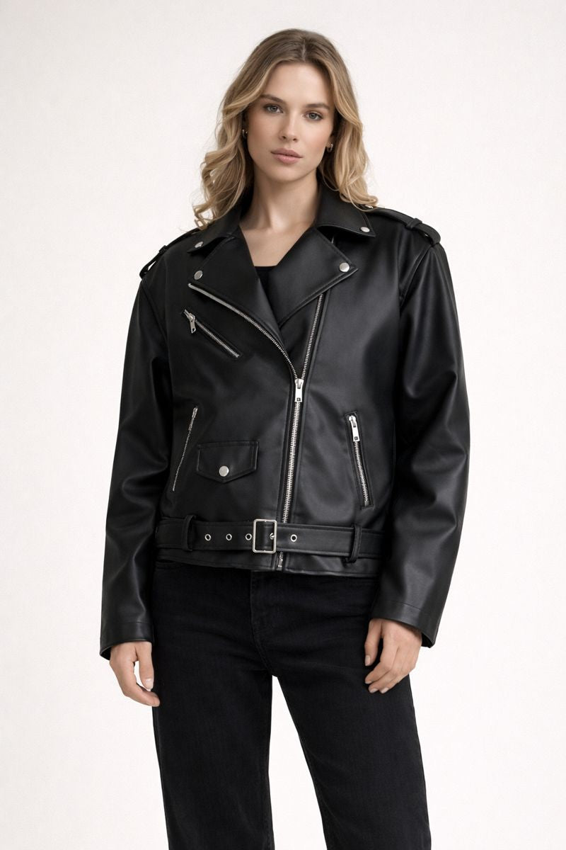 Damen-Bikerjacke mit Ledereffekt und Gürtel - Ylena