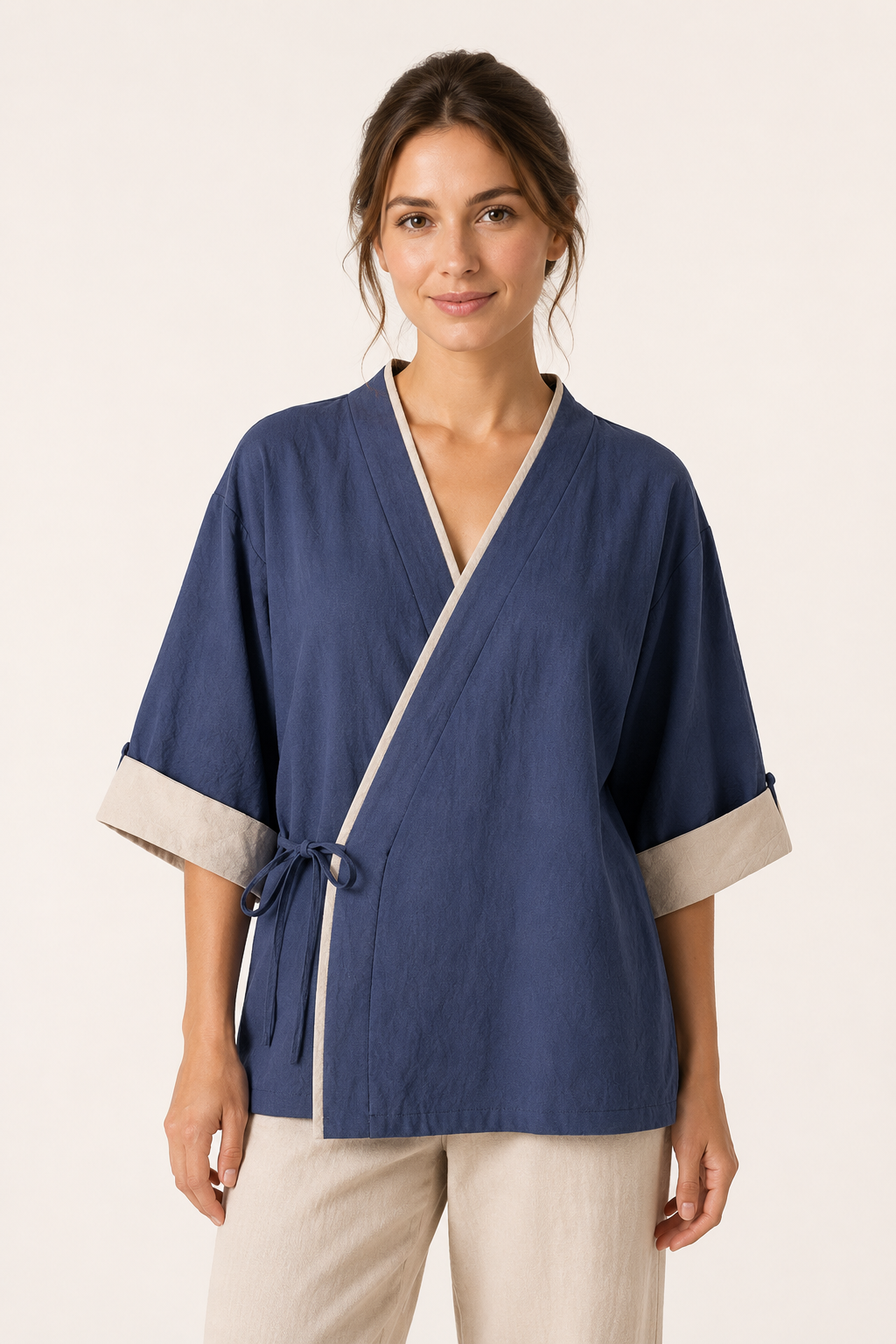 Damen-Kimono-Kreuzbluse mit Paspelierung - Frida