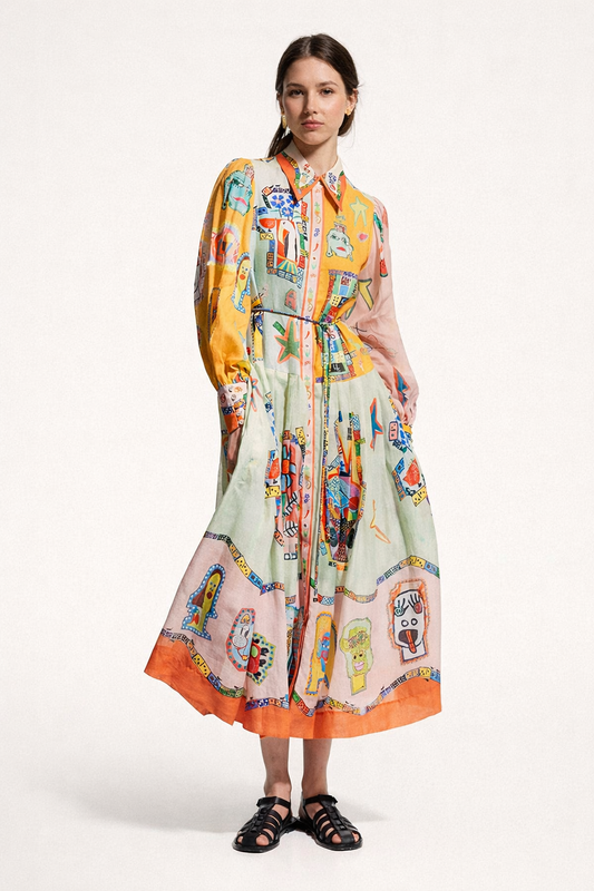 Robe chemise midi imprimée à manches larges pour femme - Daniela