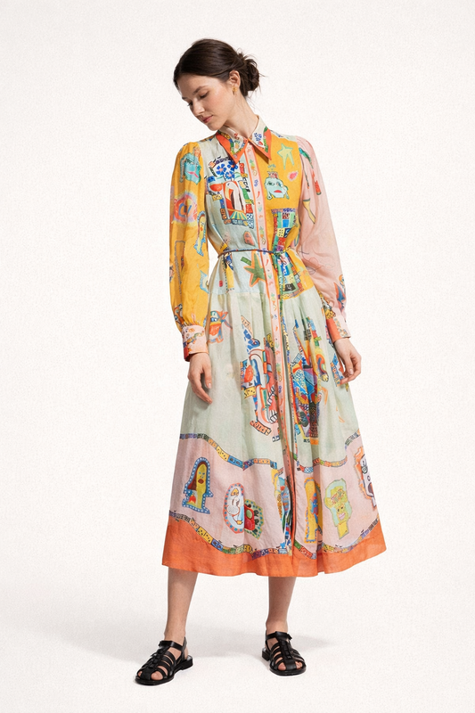 Robe chemise midi imprimée à manches larges pour femme - Daniela