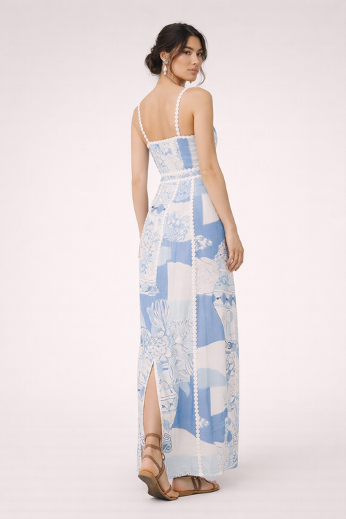 Bedrucktes Maxikleid mit Spitze und Trägern für Frauen - Isabella