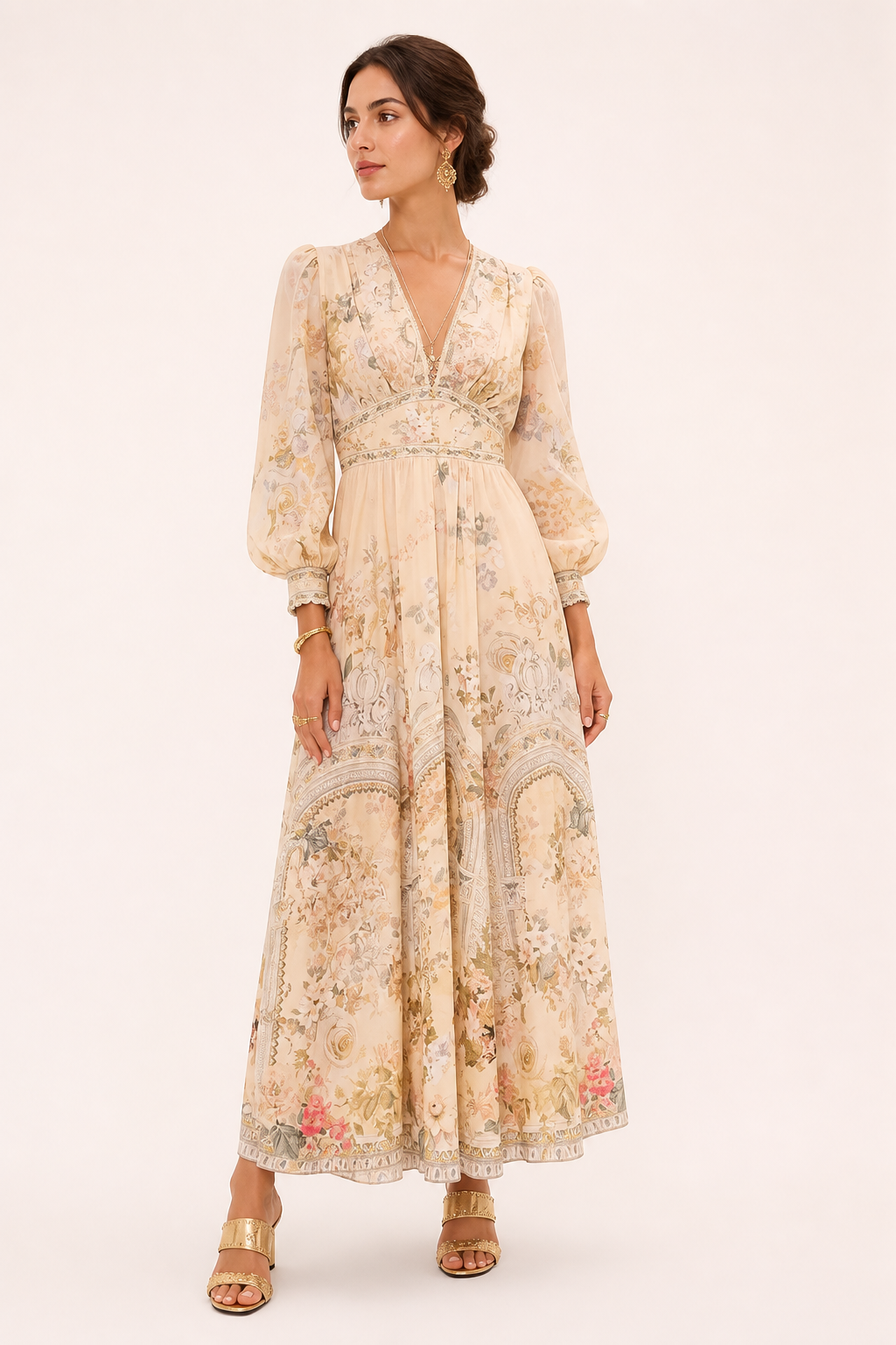 Damen Midikleid V-Ausschnitt hohe Taille Puffärmel - Connie