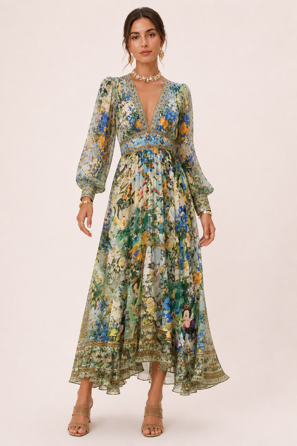 Damen Midikleid V-Ausschnitt hohe Taille Puffärmel - Connie