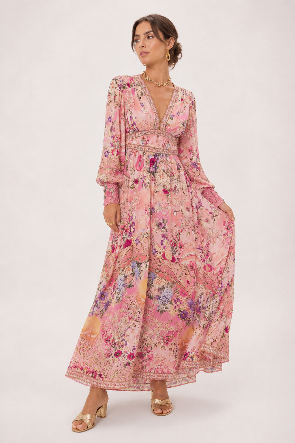 Damen Midikleid V-Ausschnitt hohe Taille Puffärmel - Connie