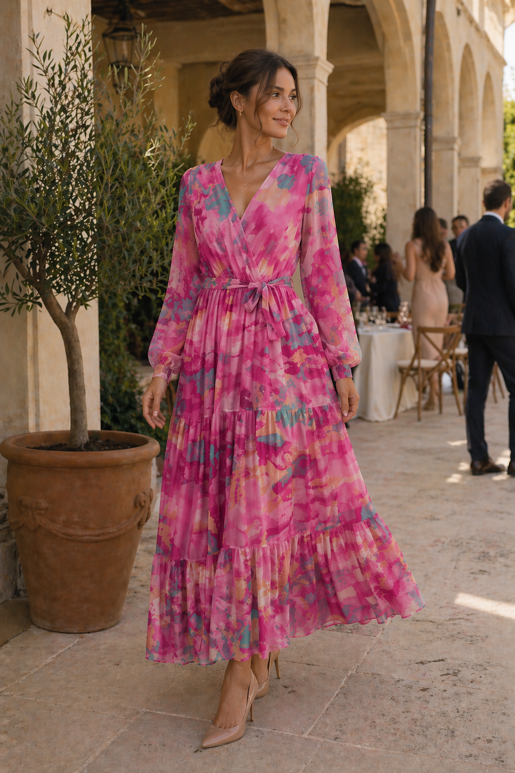 Florales Midikleid mit langen Ärmeln Frühling Frau - Paola