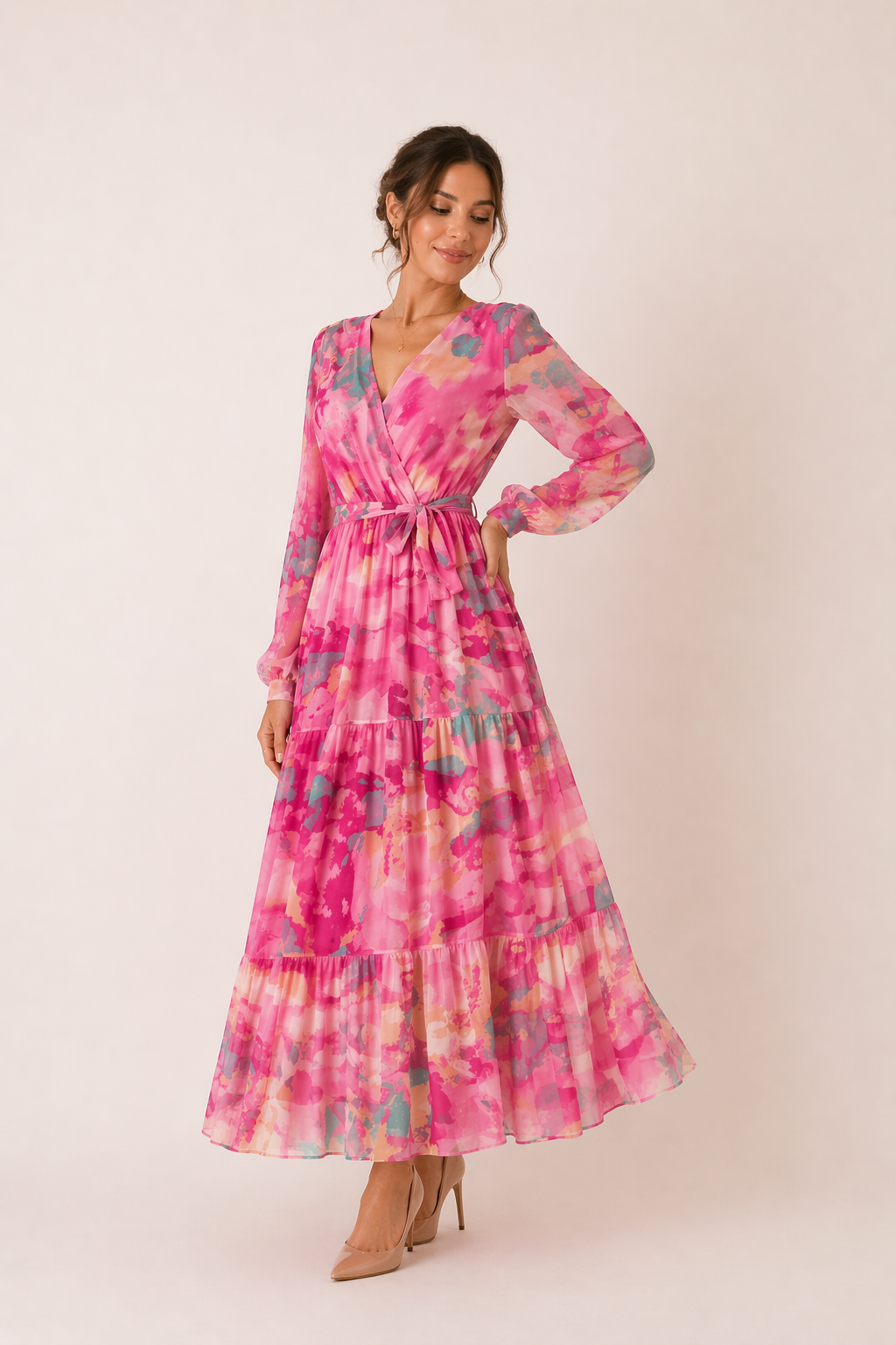 Florales Midikleid mit langen Ärmeln Frühling Frau - Paola