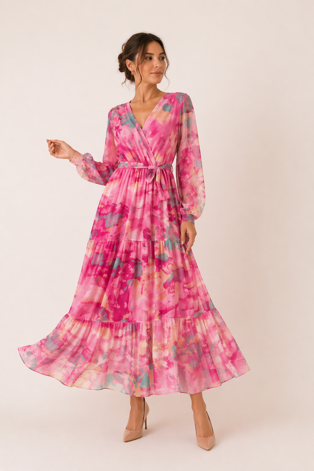 Florales Midikleid mit langen Ärmeln Frühling Frau - Paola