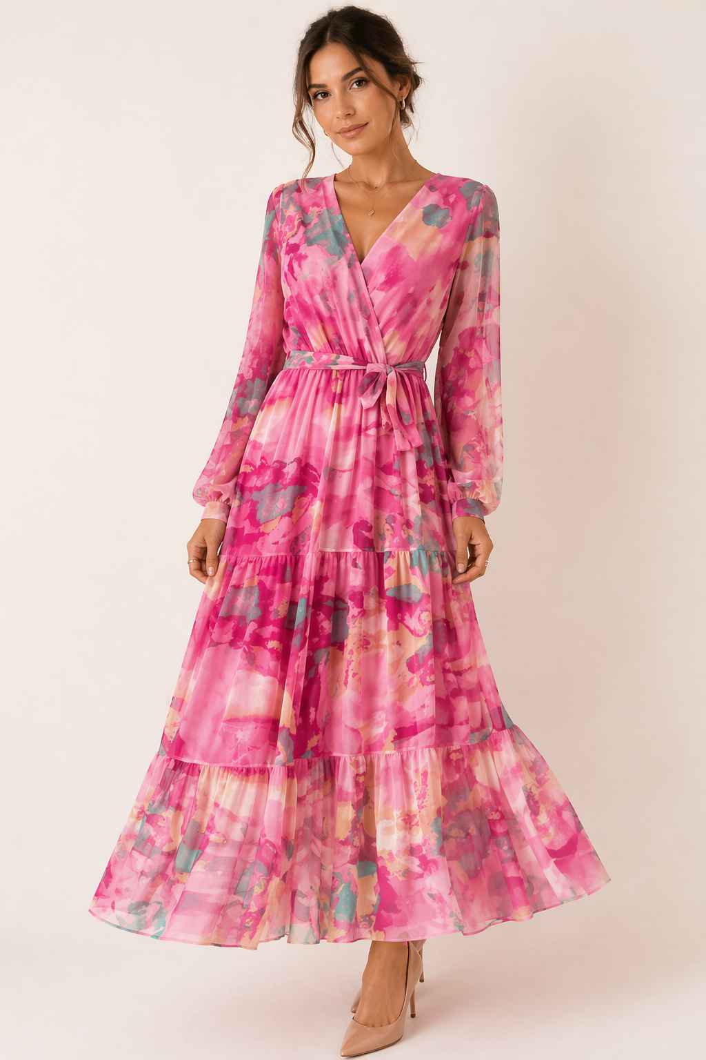 Florales Midikleid mit langen Ärmeln Frühling Frau - Paola