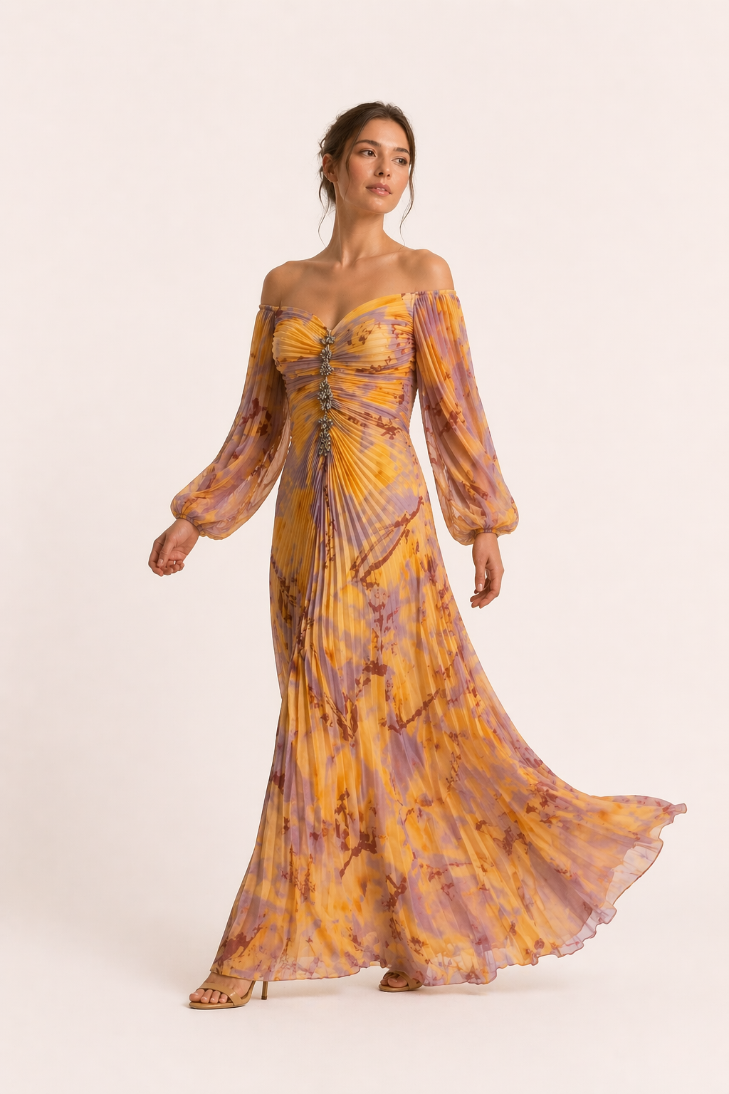 Langes elegantes Damenkleid mit plissiertem Schlitz - Lucia