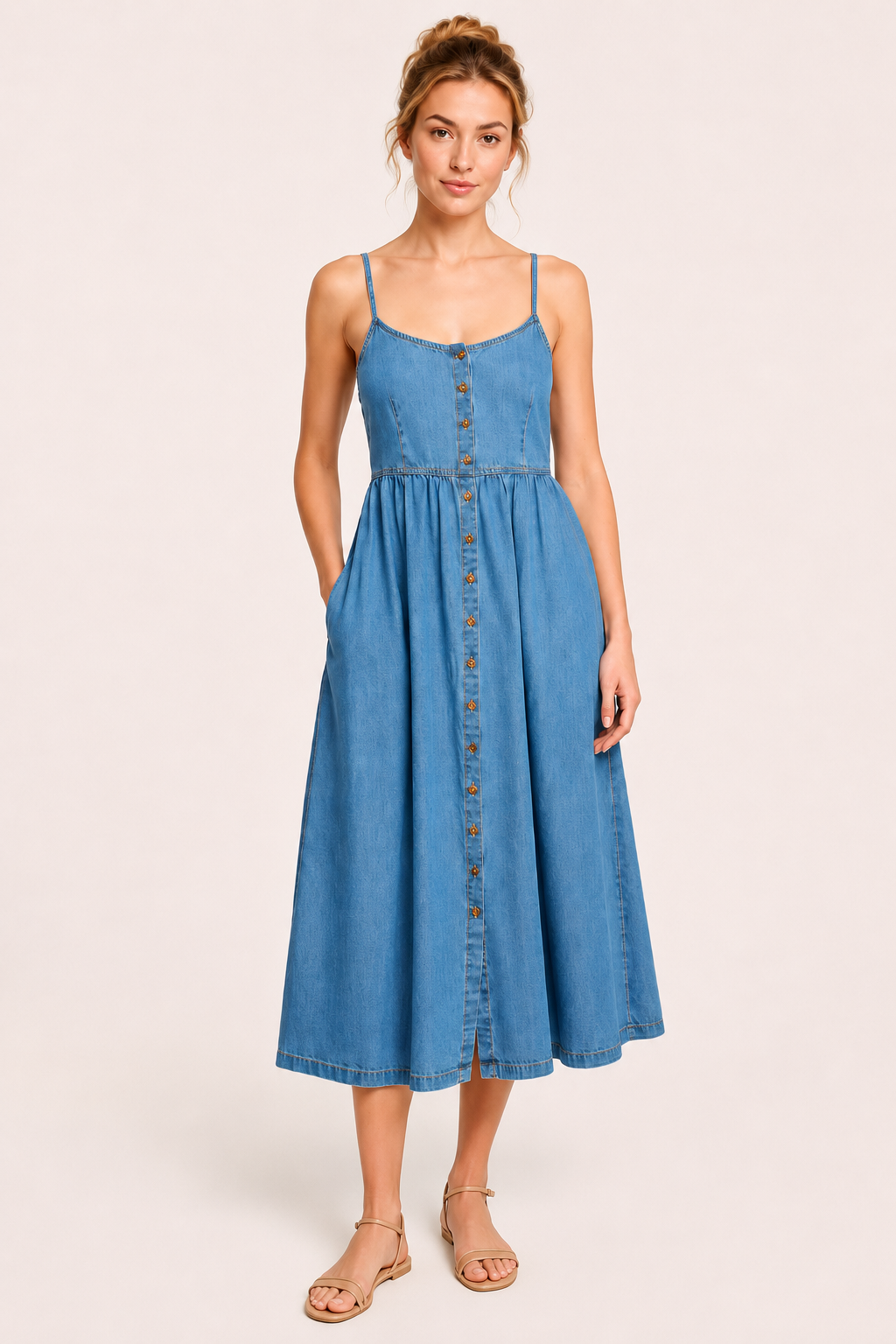 Midi-Denim-Kleid mit Knöpfen für Damen - Hanneli