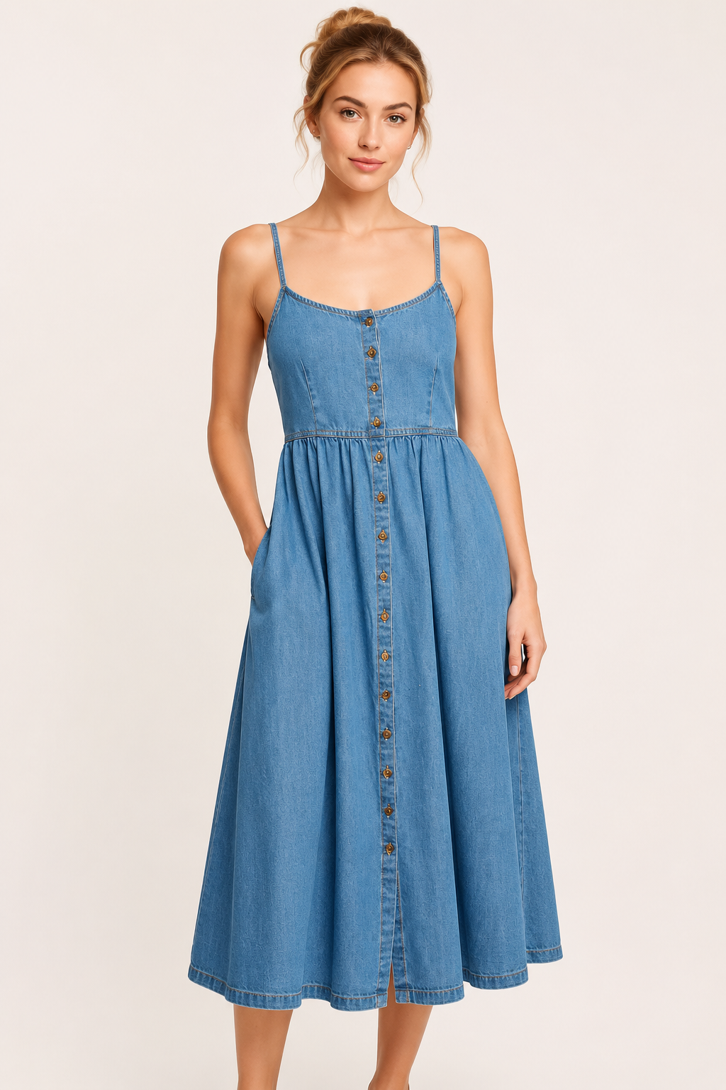 Midi-Denim-Kleid mit Knöpfen für Damen - Hanneli