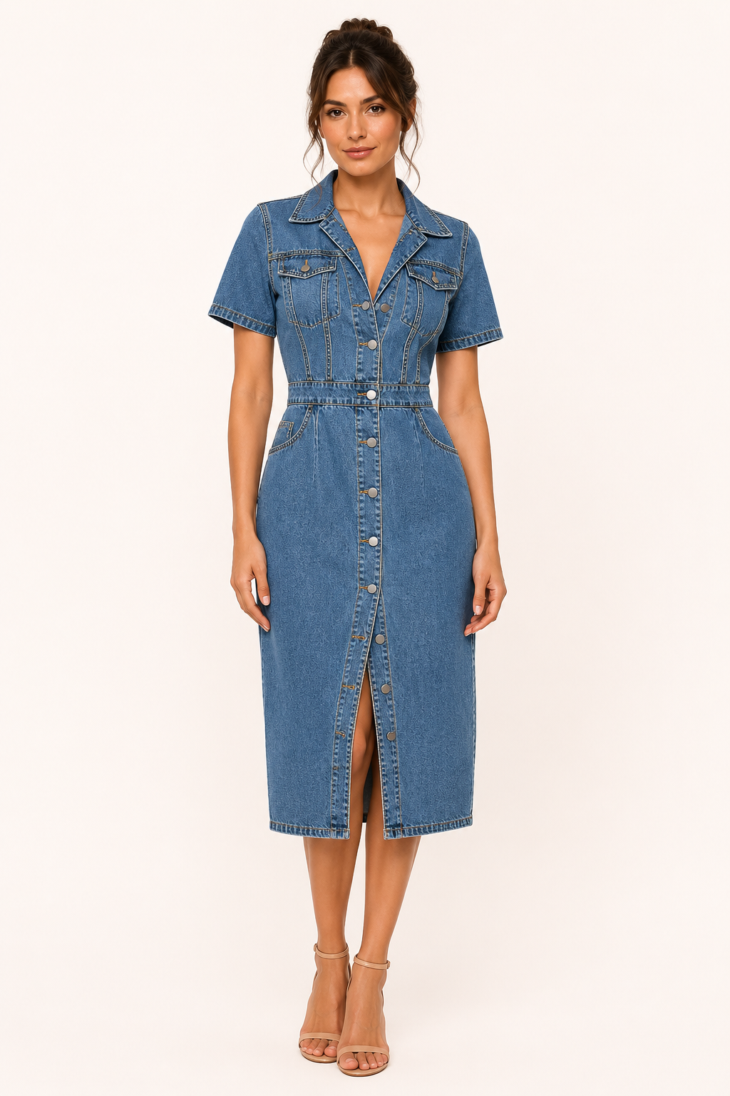 Midikleid aus Denim mit Knöpfen in schmaler Passform - Elara
