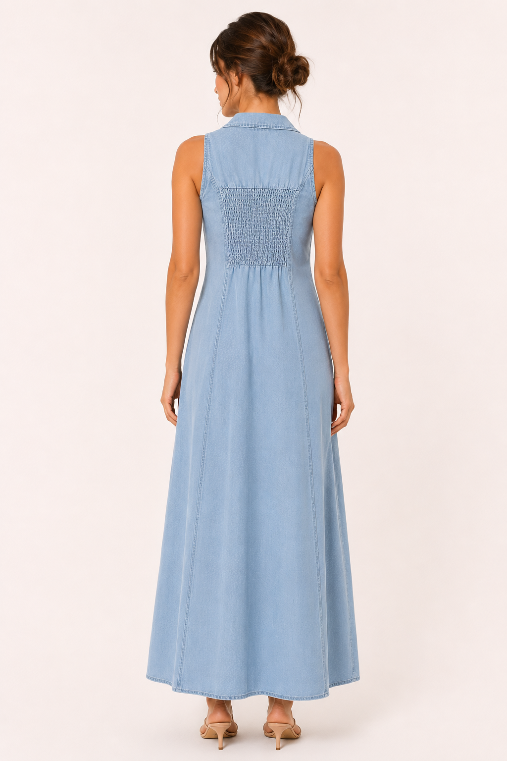 Langes ärmelloses Denim-Kleid mit Knopfleiste - Elara
