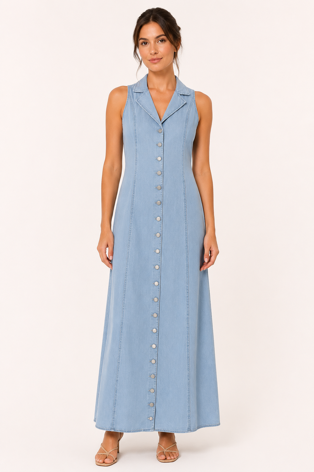 Langes ärmelloses Denim-Kleid mit Knopfleiste - Elara