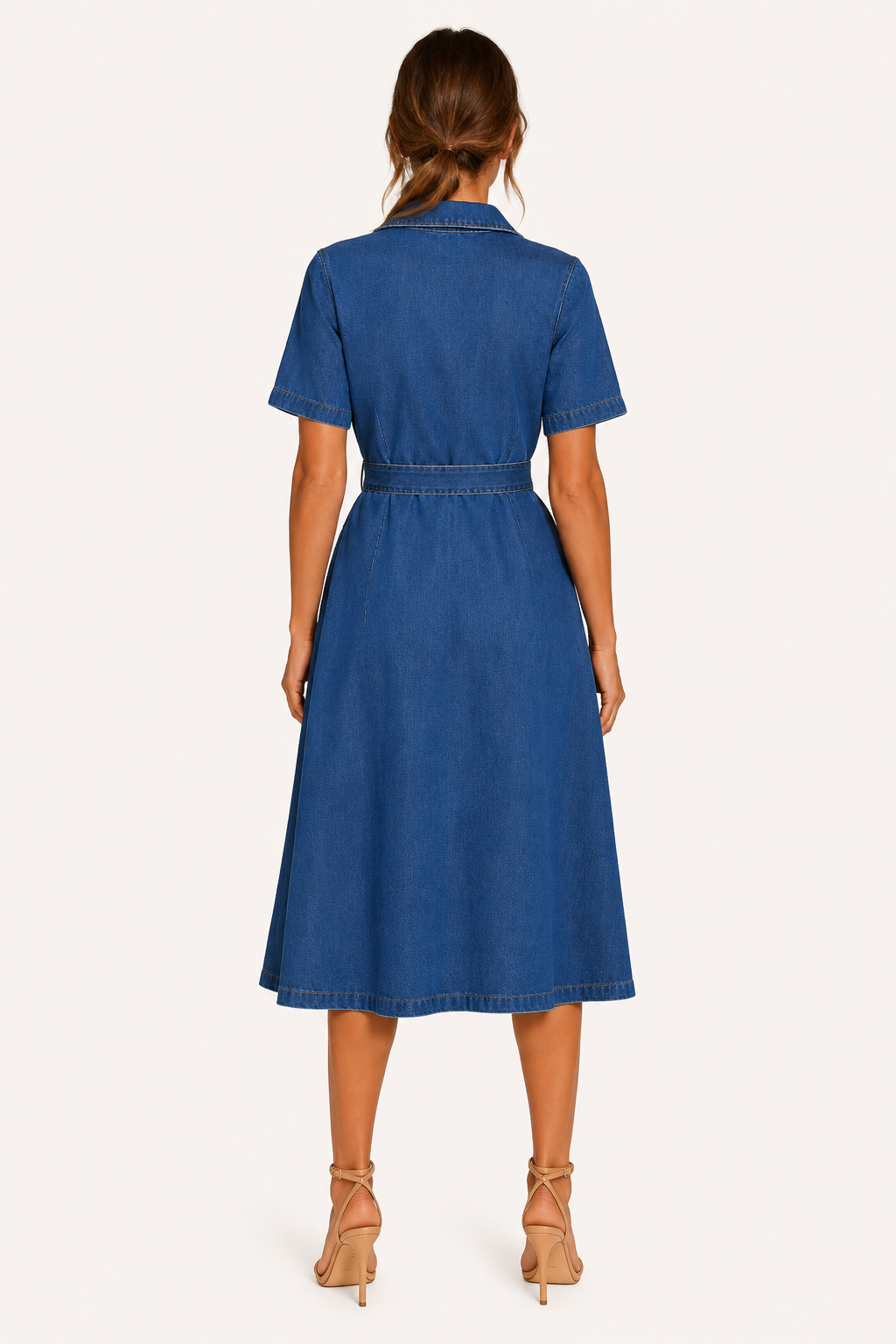 Damen Midikleid Denim lässig mit Gürtel und Knöpfen - Klara