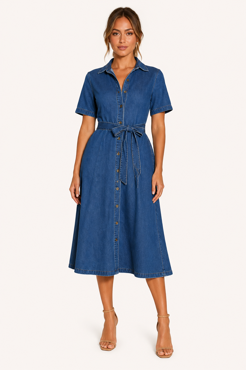 Damen Midikleid Denim lässig mit Gürtel und Knöpfen - Klara