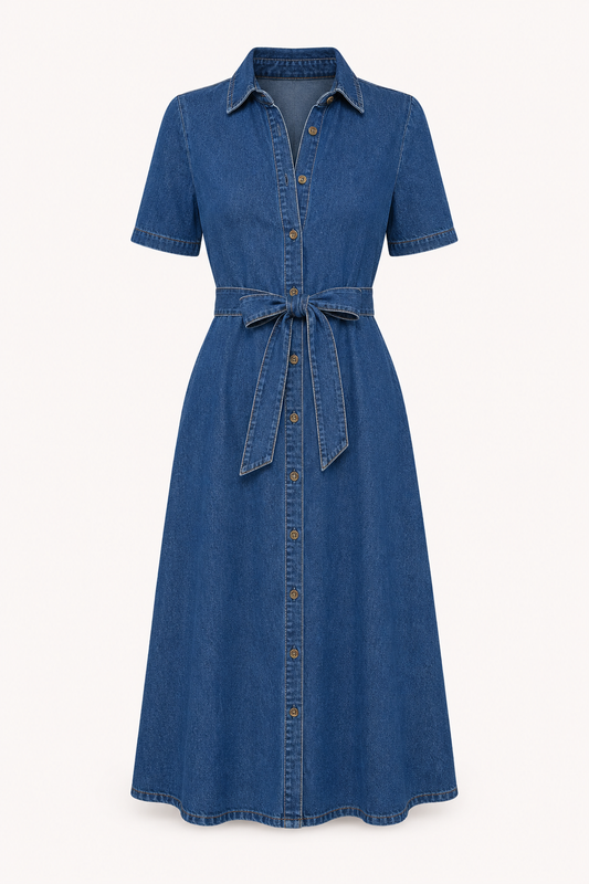 Robe midi femme denim casual ceinturée boutons - Klara