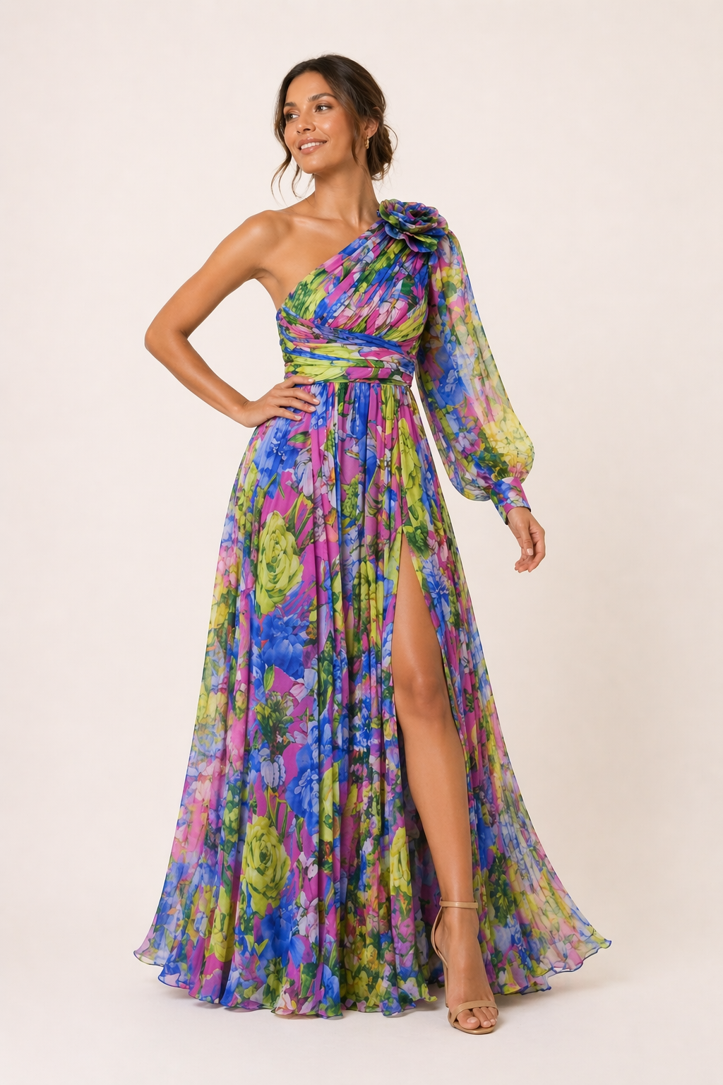 Floral eine Schulter langes Kleid mit Schlitz für Frauen Partei - Valentina