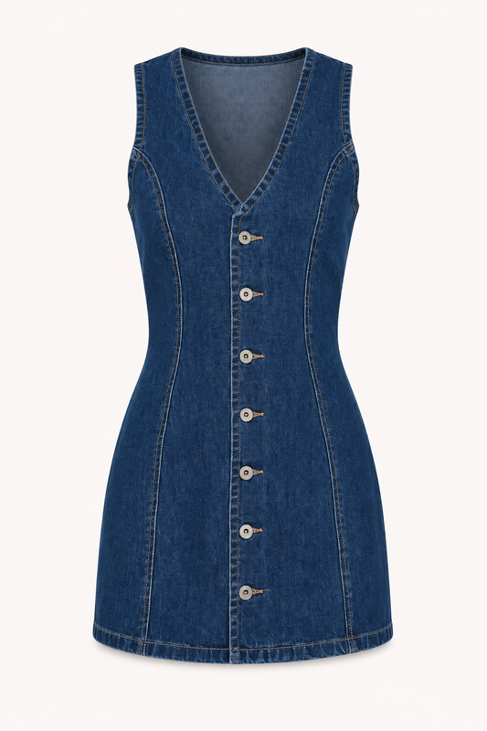 Robe courte en denim avec boutons en V pour femme - Ilse