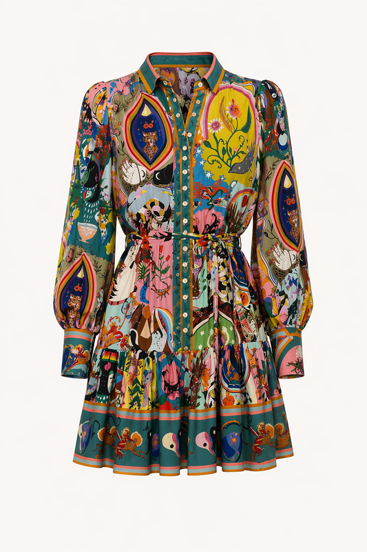 Robe courte imprimée manches longues femme ceinturée - Iria