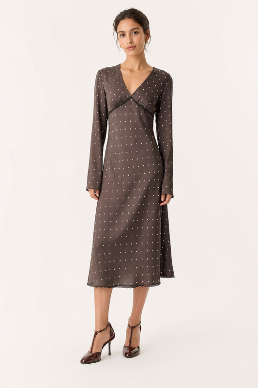 Robe midi pour femme, manches longues, décontractée, col en V, à pois - Ottilie