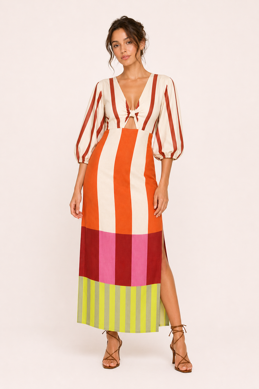 Robe midi rayée à manches longues avec fente latérale pour femmes - Frida