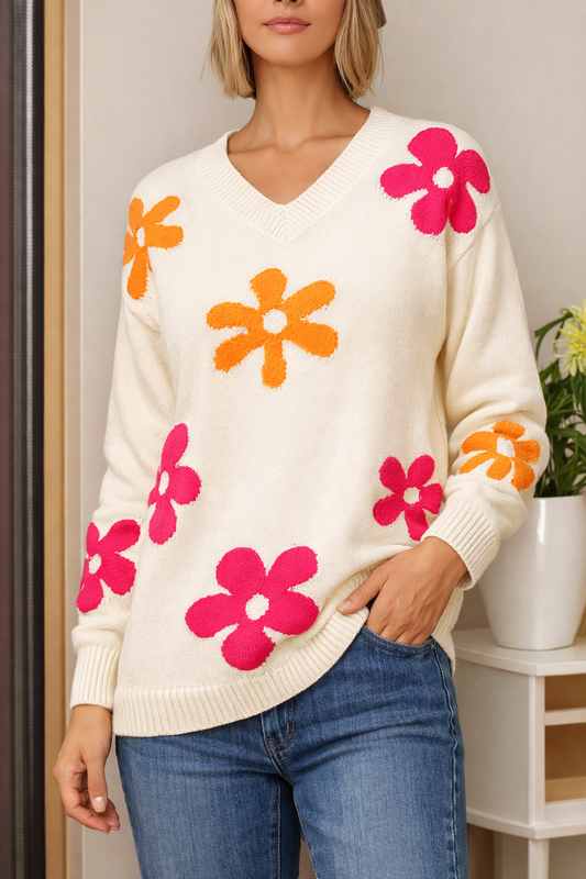 Damen Pullover mit V-Ausschnitt aus geblümtem Strick - Sahori