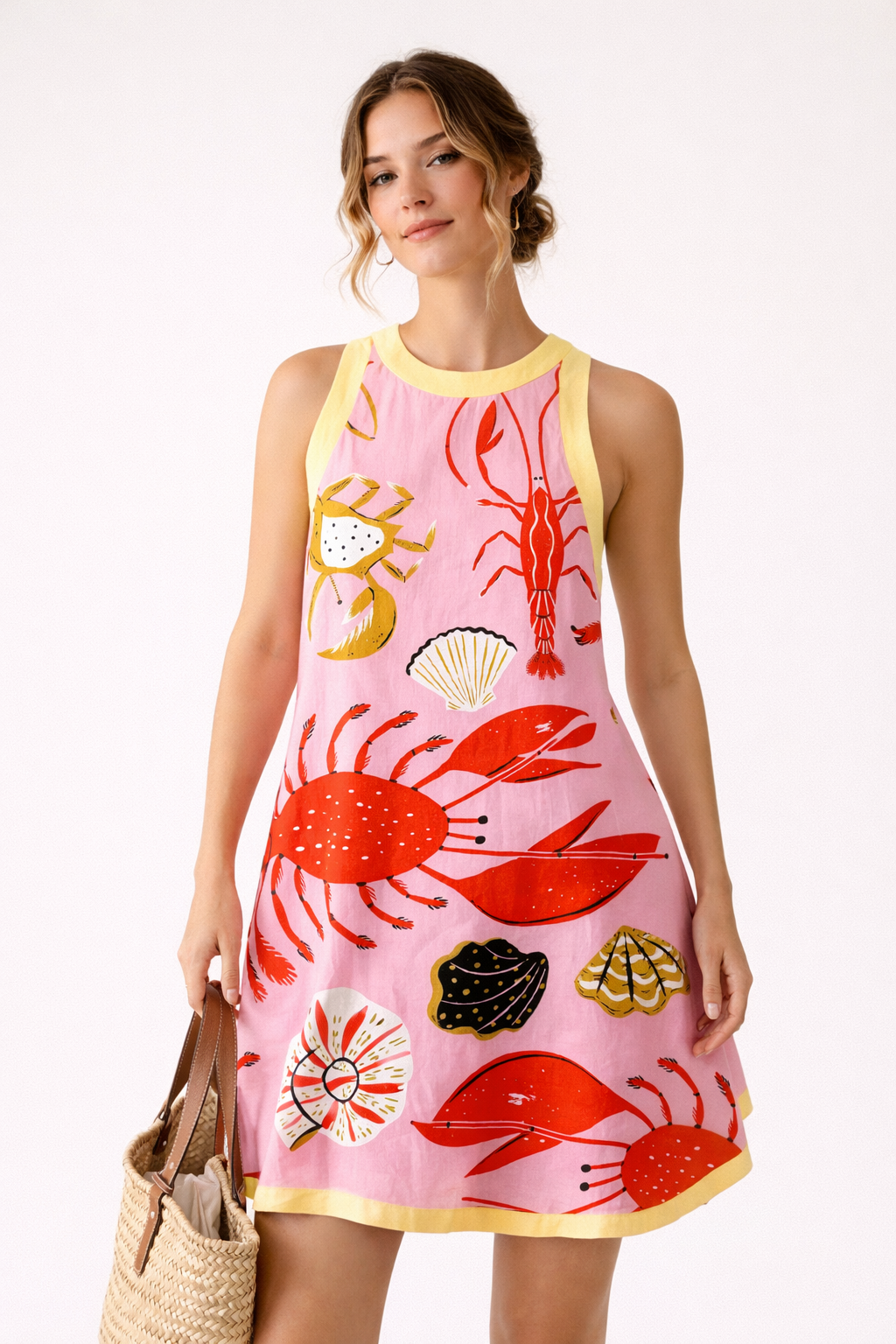 Damen-Minikleid mit lebhaftem marineblauem Aufdruck - Koralle