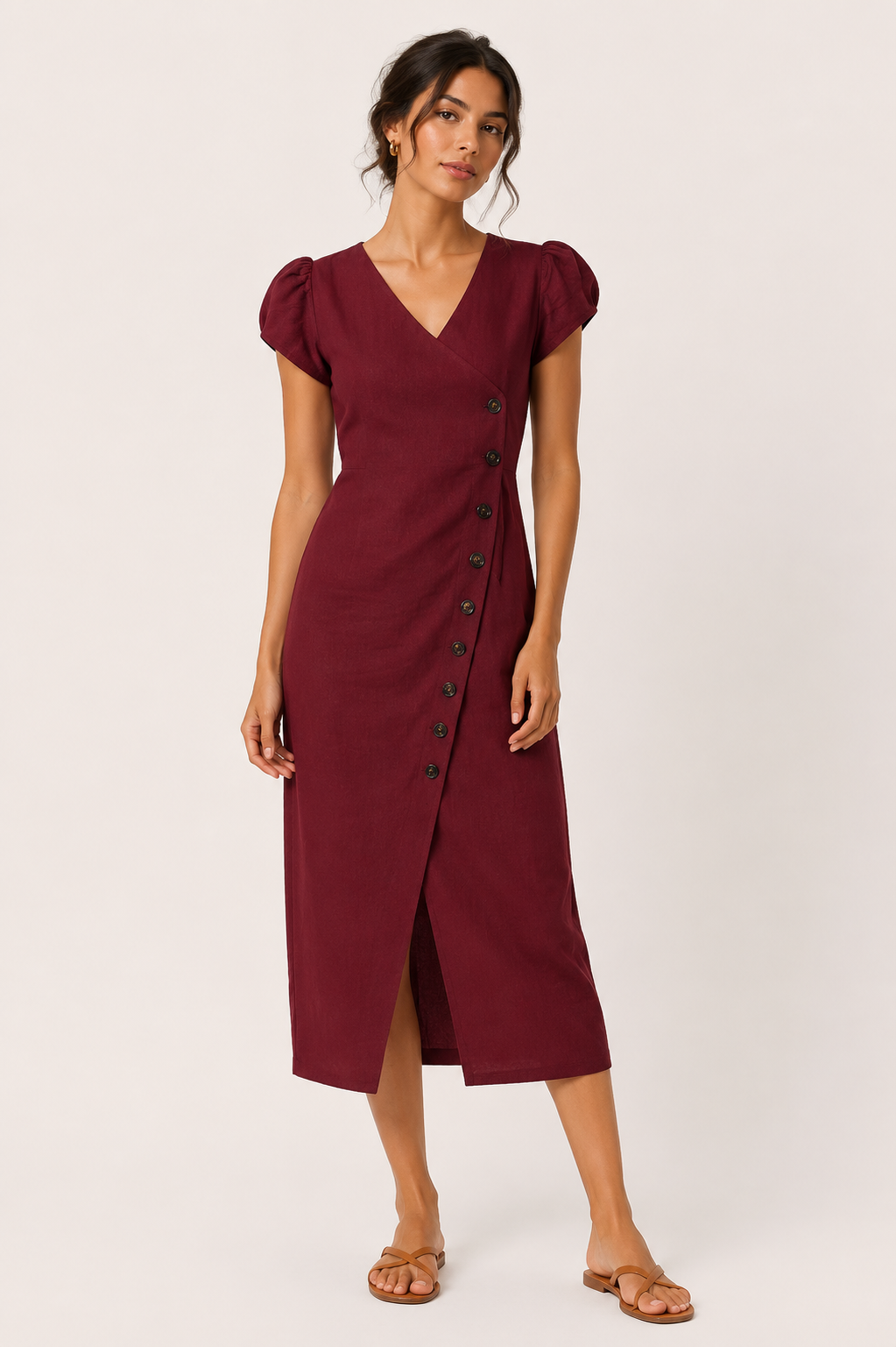 Midi-Kleid für Damen mit V-Ausschnitt und Knöpfen – Gisela