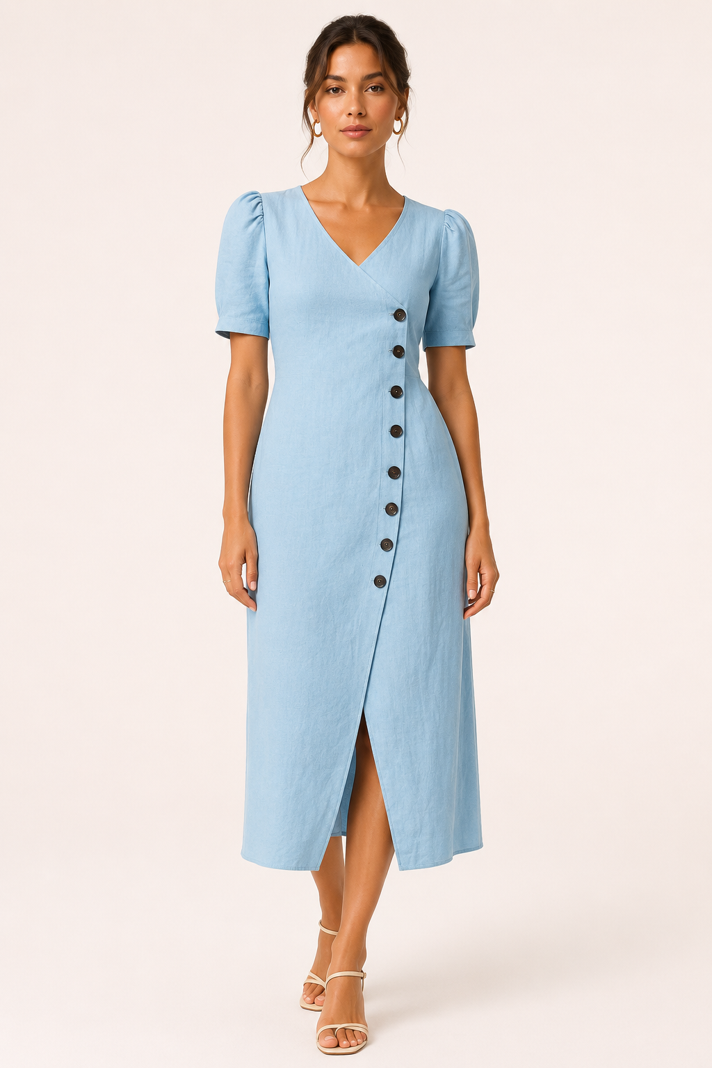 Midi-Kleid für Damen mit V-Ausschnitt und Knöpfen – Gisela