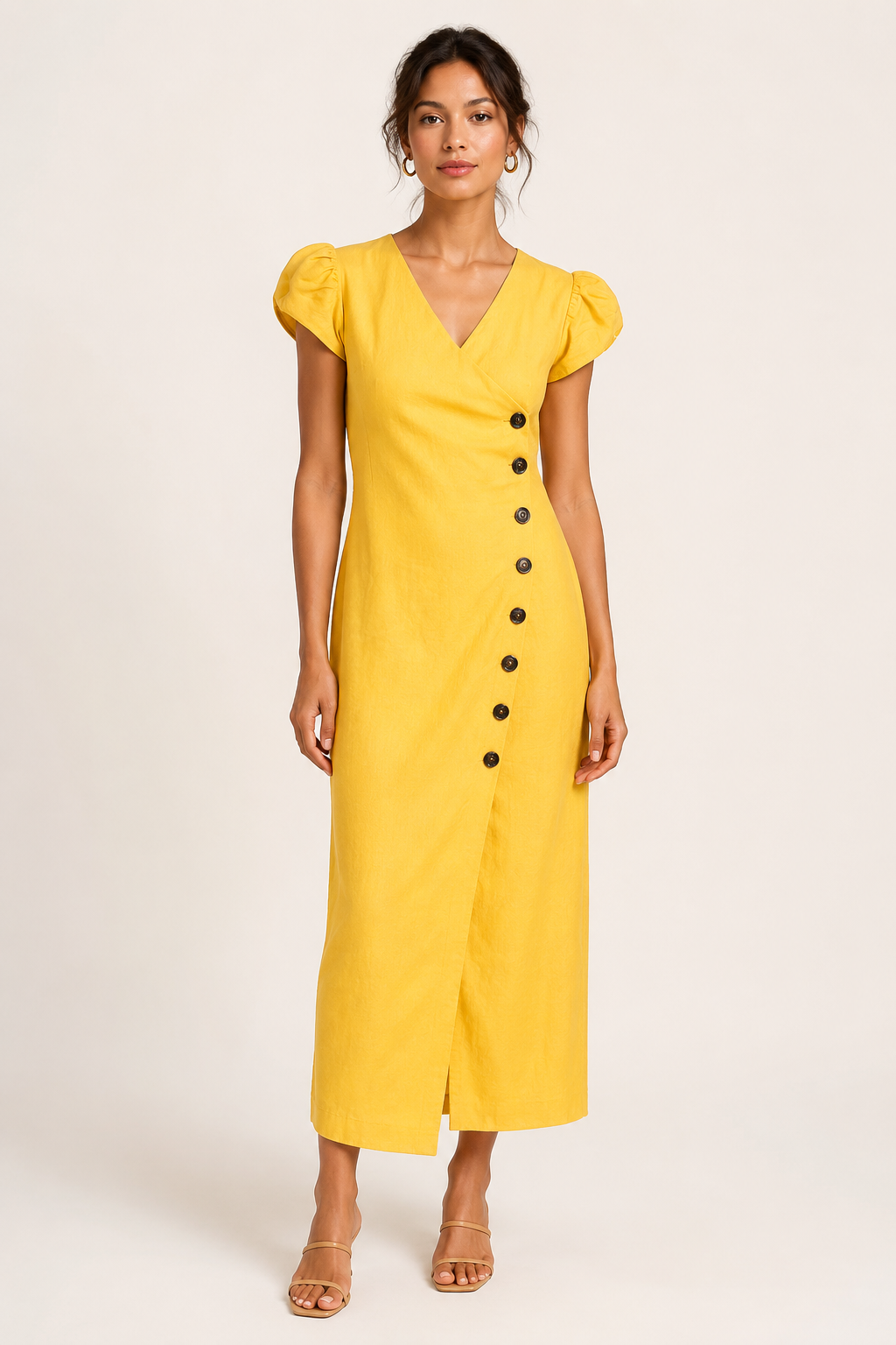Midi-Kleid für Damen mit V-Ausschnitt und Knöpfen – Gisela