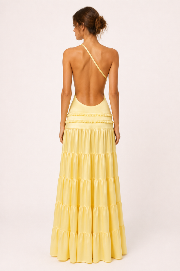 Robe longue élégante à une épaule avec jupe à volants - Lisbos