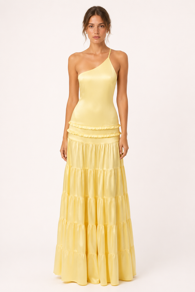 Robe longue élégante à une épaule avec jupe à volants - Lisbos