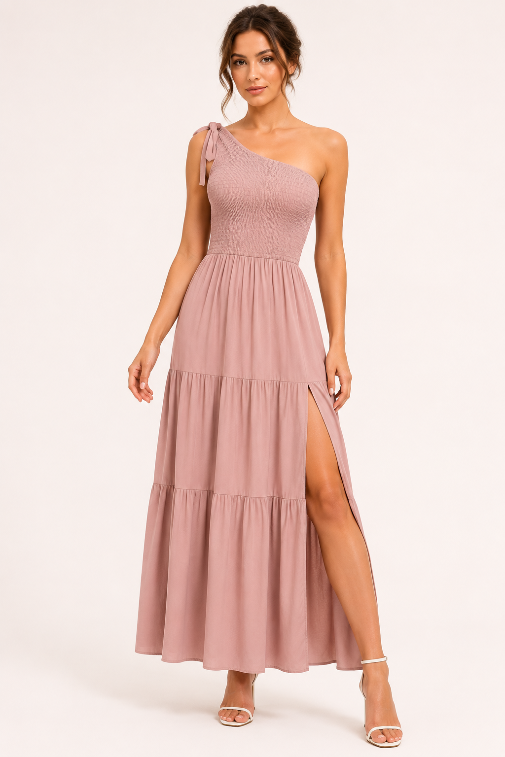 Langes Damenkleid mit einer Schulter, Schleife und Schlitz – Karla