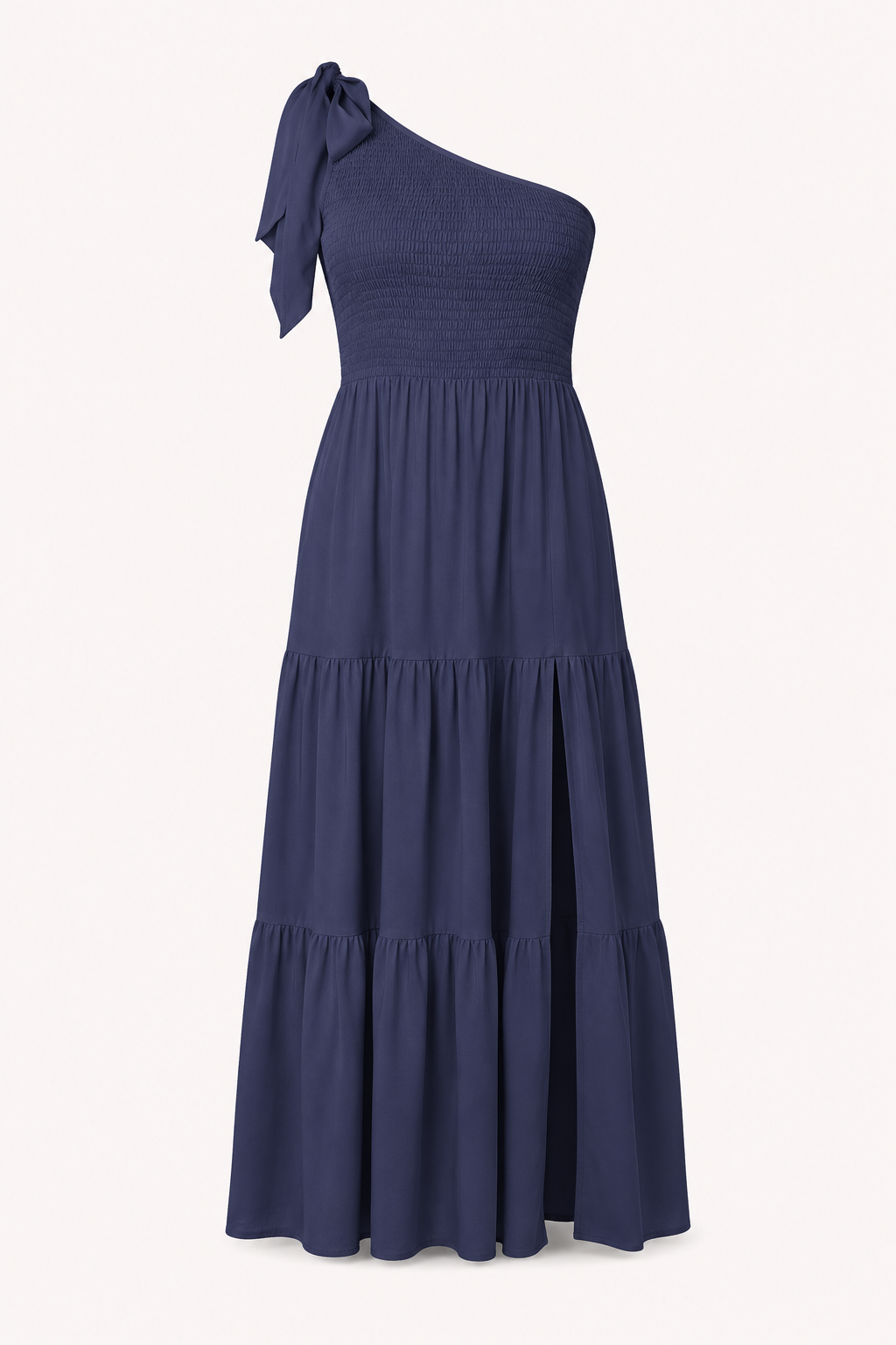 Langes Damenkleid mit einer Schulter, Schleife und Schlitz – Karla