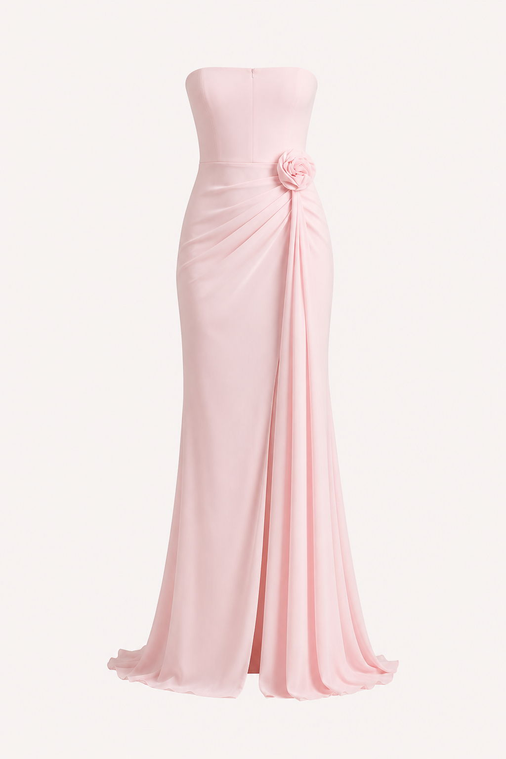 Langes, trägerloses Damenkleid mit Drapierung und Schlitz – Monika