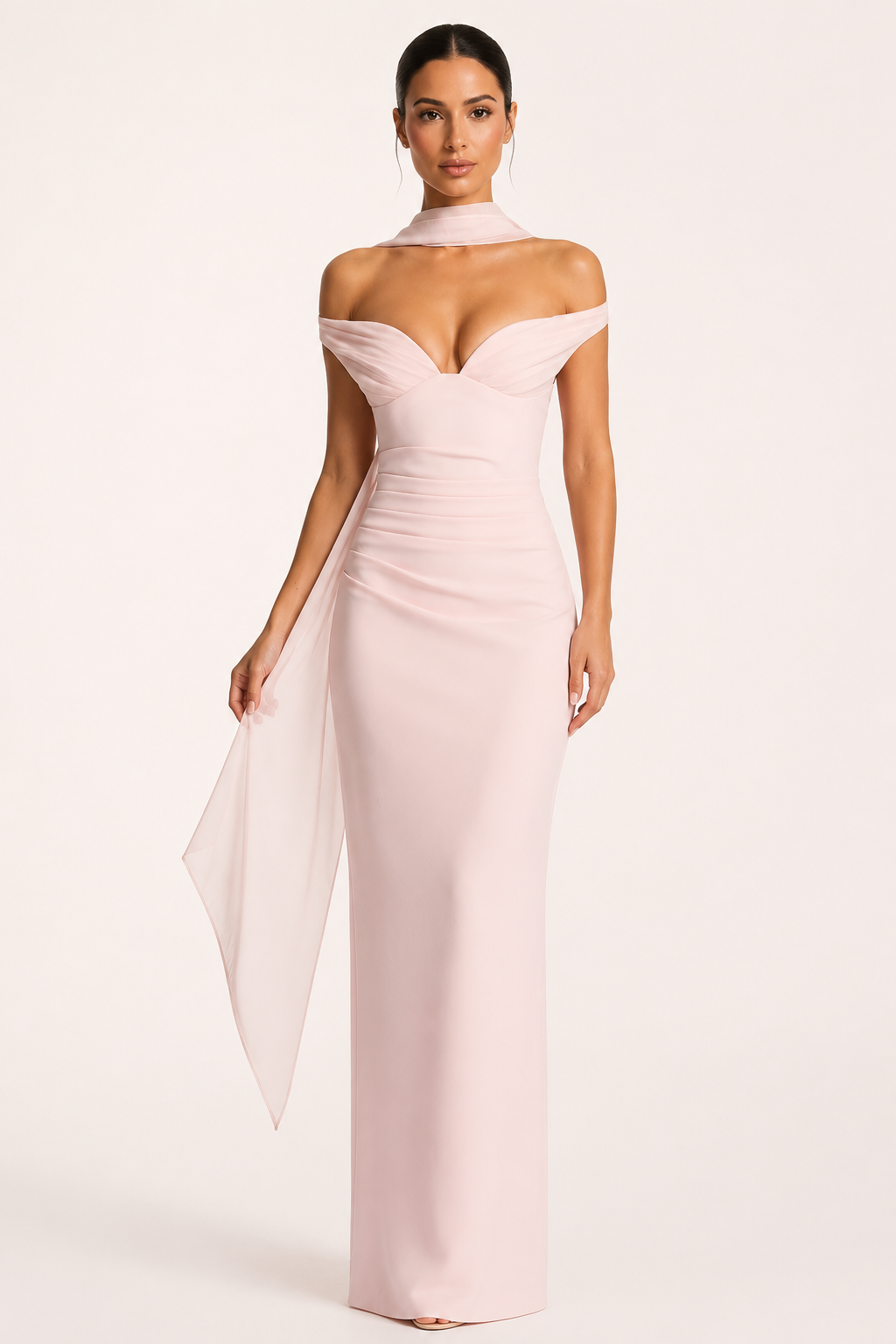 Langes Abendkleid für Damen mit Bardot-Ausschnitt und Schal – Fanny