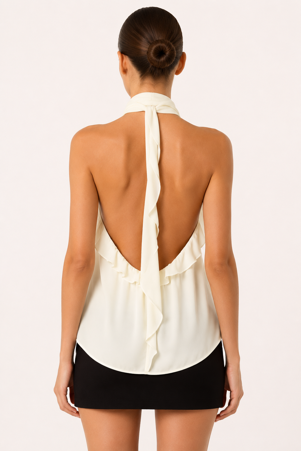 Halter-Bluse für Damen mit hohem Kragen und Rüschen – Greta
