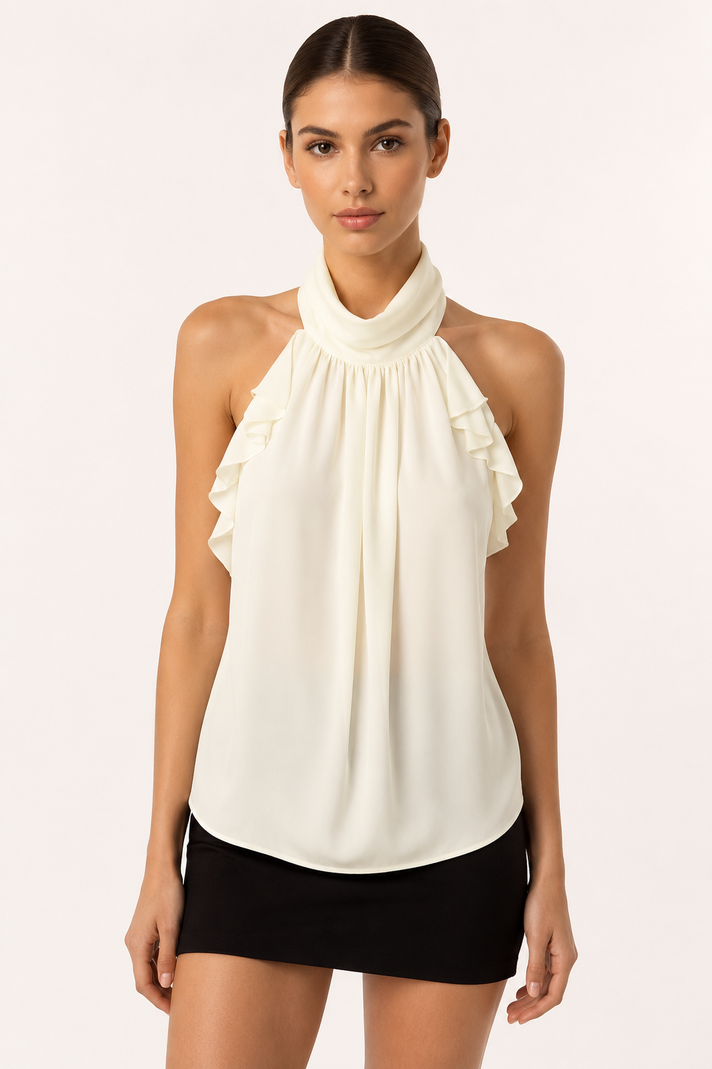 Halter-Bluse für Damen mit hohem Kragen und Rüschen – Greta