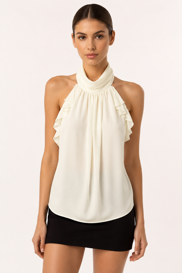 Halter-Bluse für Damen mit hohem Kragen und Rüschen – Greta