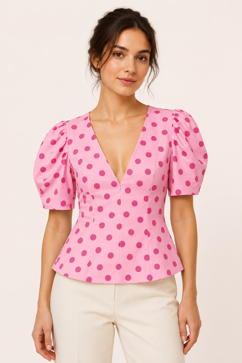 Damenbluse mit V-Ausschnitt, Polka-Dots und Puffärmeln – Romy