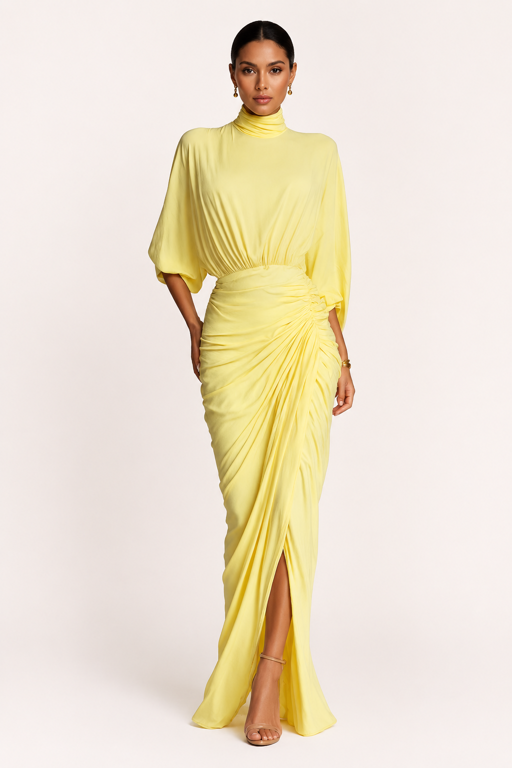 Langes Kleid für Frauen Hochzeitsgäste elegant geraffte Rollkragen - Maren
