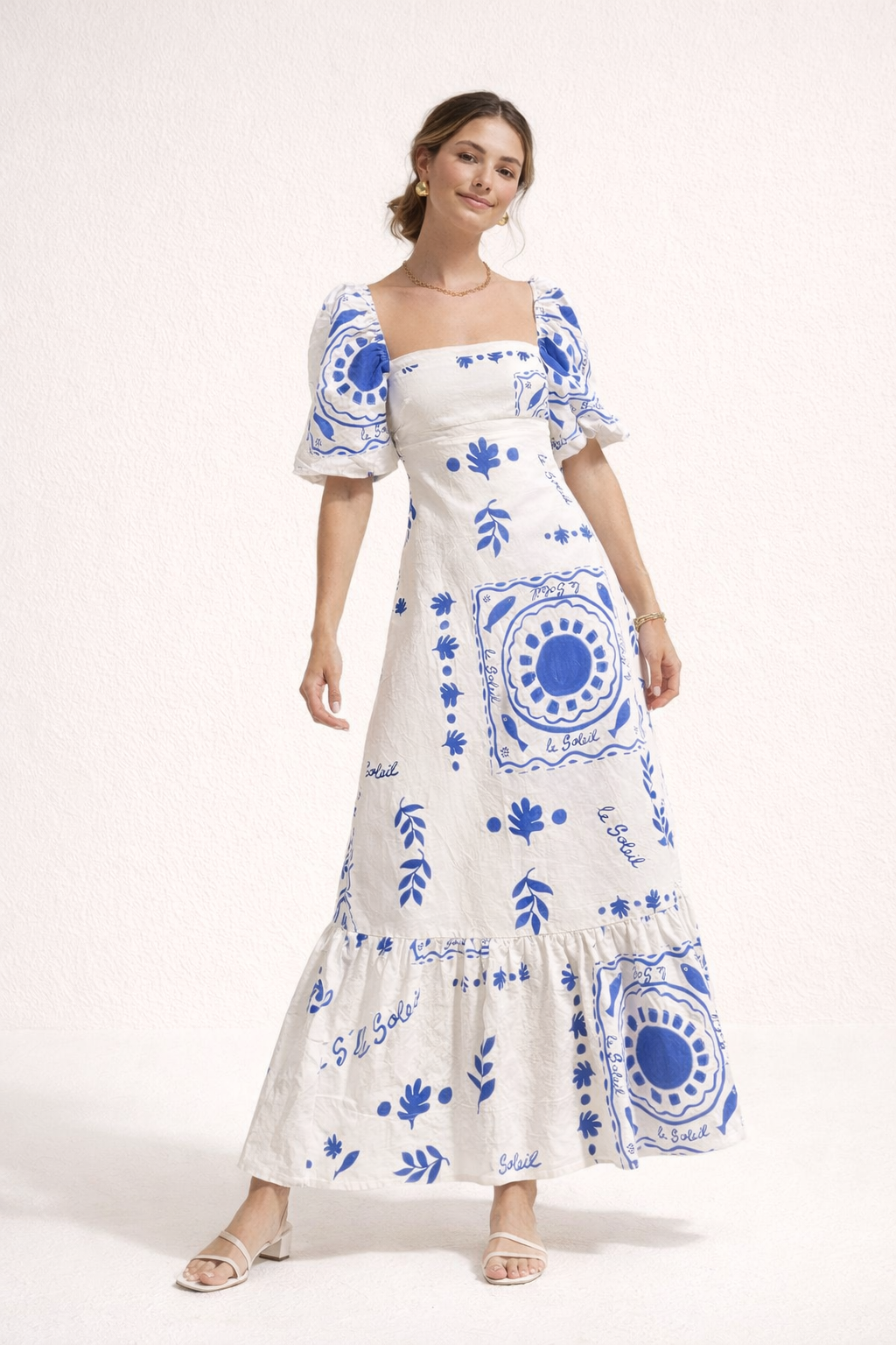 Bedrucktes Midikleid mit quadratischem Ausschnitt und Puffärmeln - Soleil