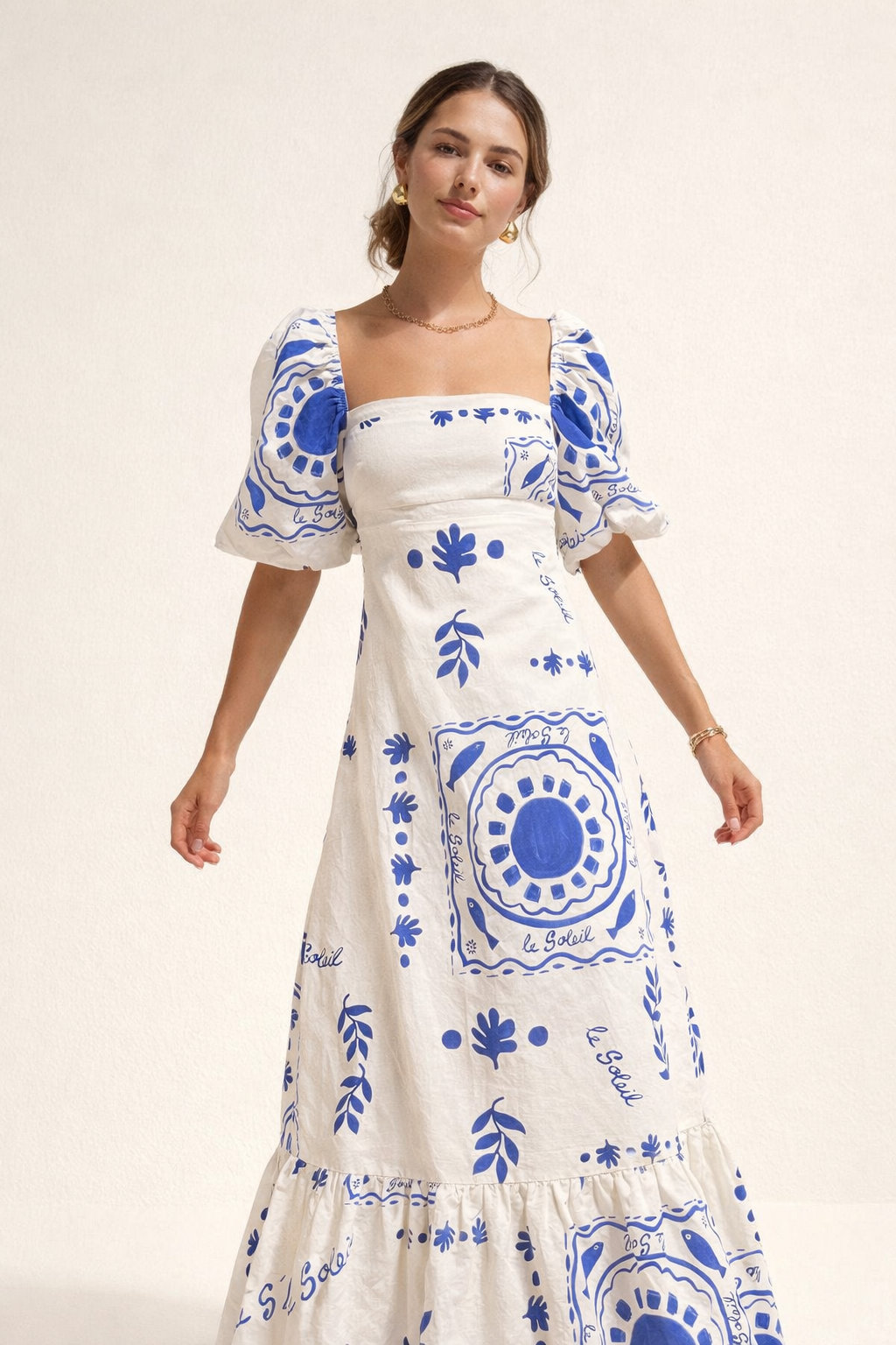 Bedrucktes Midikleid mit quadratischem Ausschnitt und Puffärmeln - Soleil