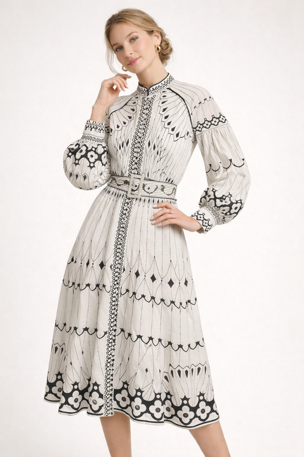 Midikleid mit Blumenmuster und Laternenärmeln für Frauen - Aurelia