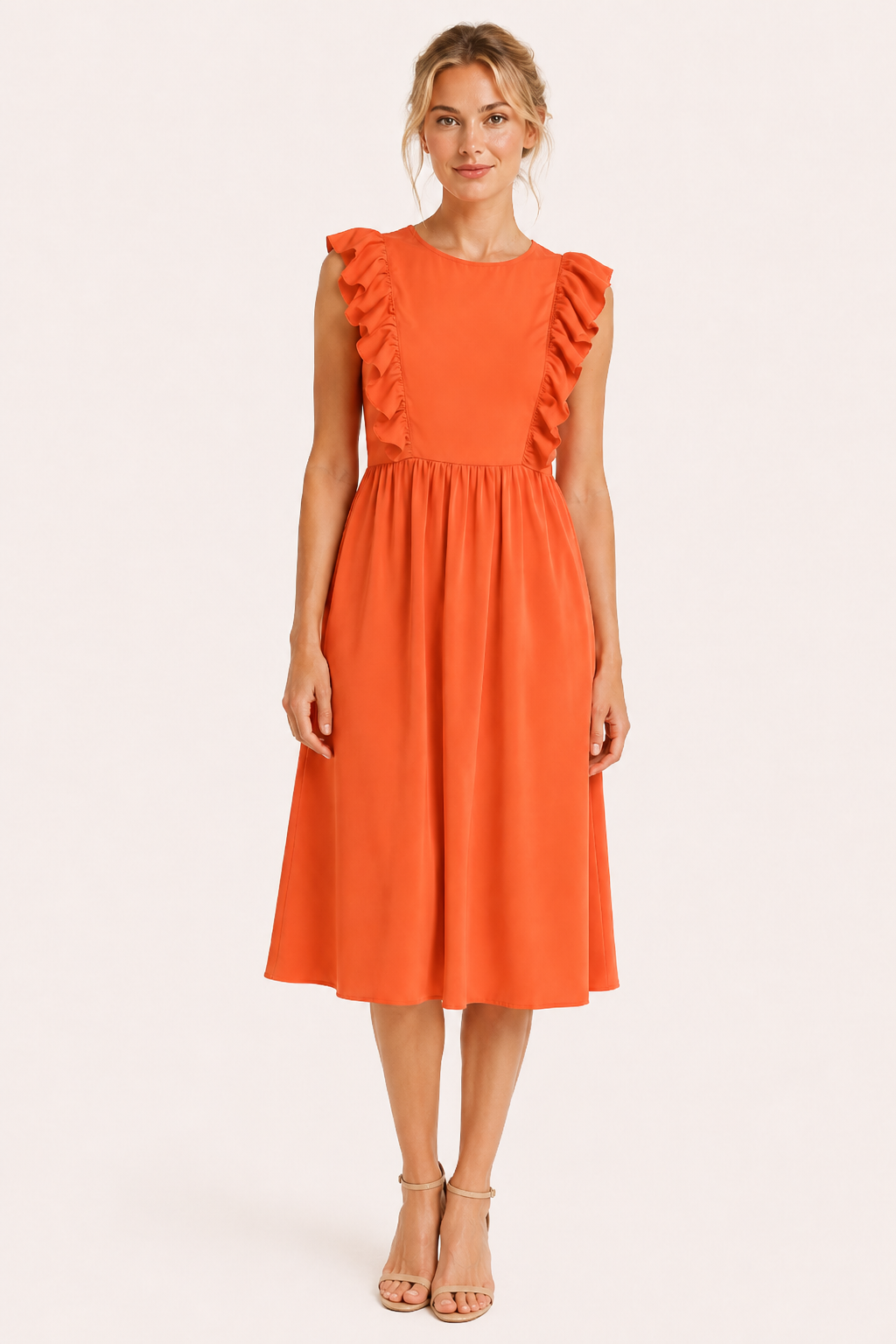 Langes Damenkleid mit Rüschen an den Schultern und weitem Rock – Helena