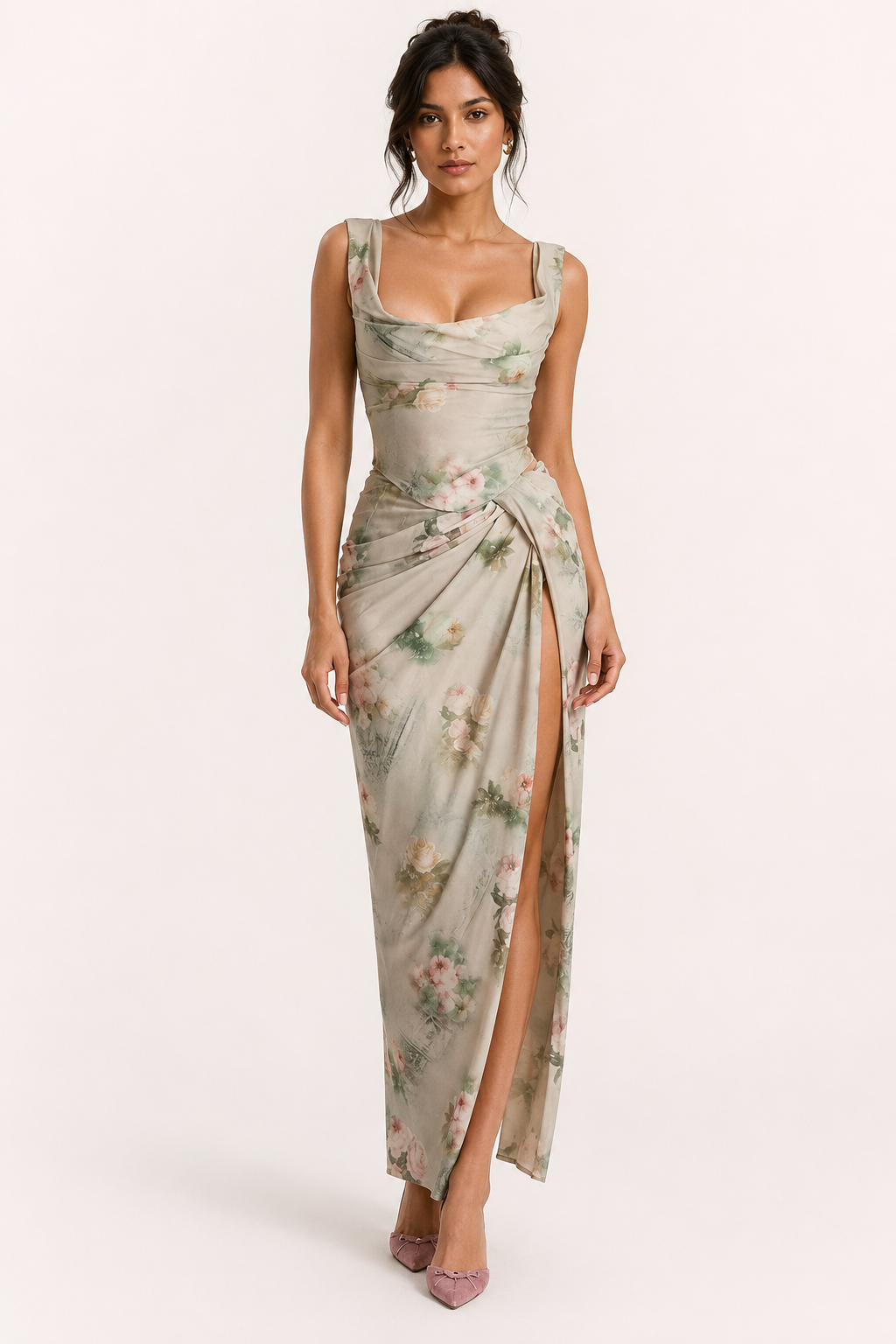 Langes Blumenkleid für Damen mit Schlitz, ideal für Hochzeiten – Lena
