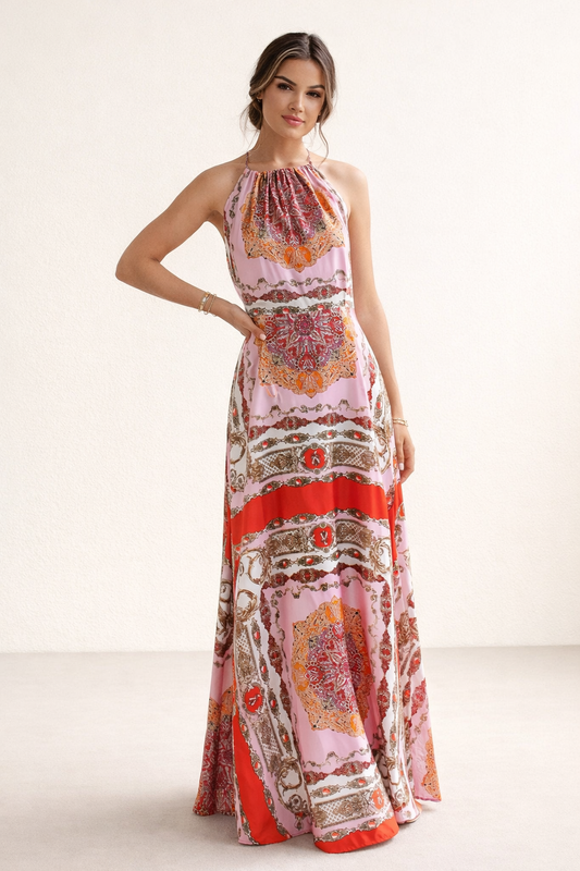 Robe longue bohémienne dos nu imprimée pour femme - Elisa