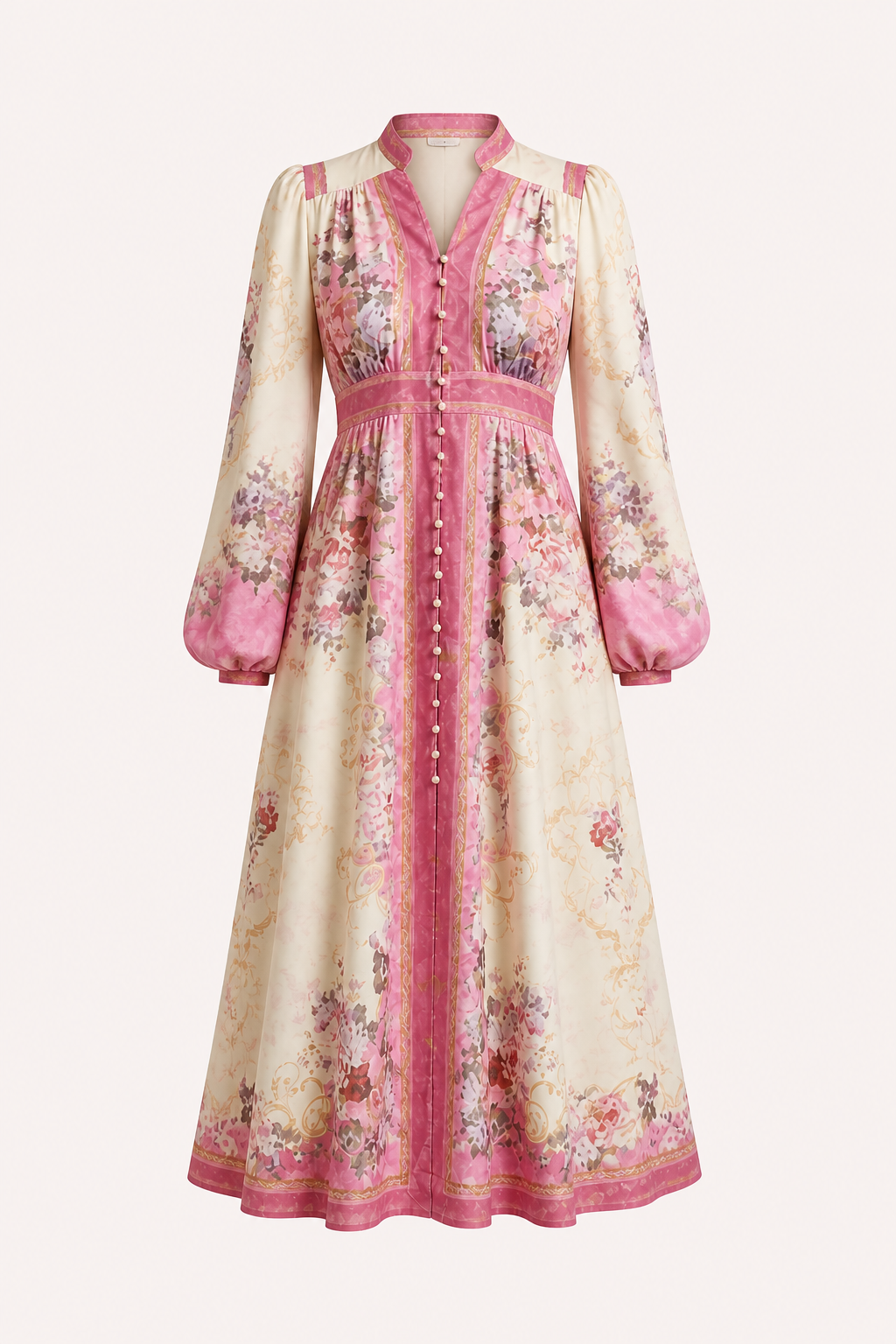 Damen Midikleid mit langen Ärmeln und geblümten Knöpfen - Serena